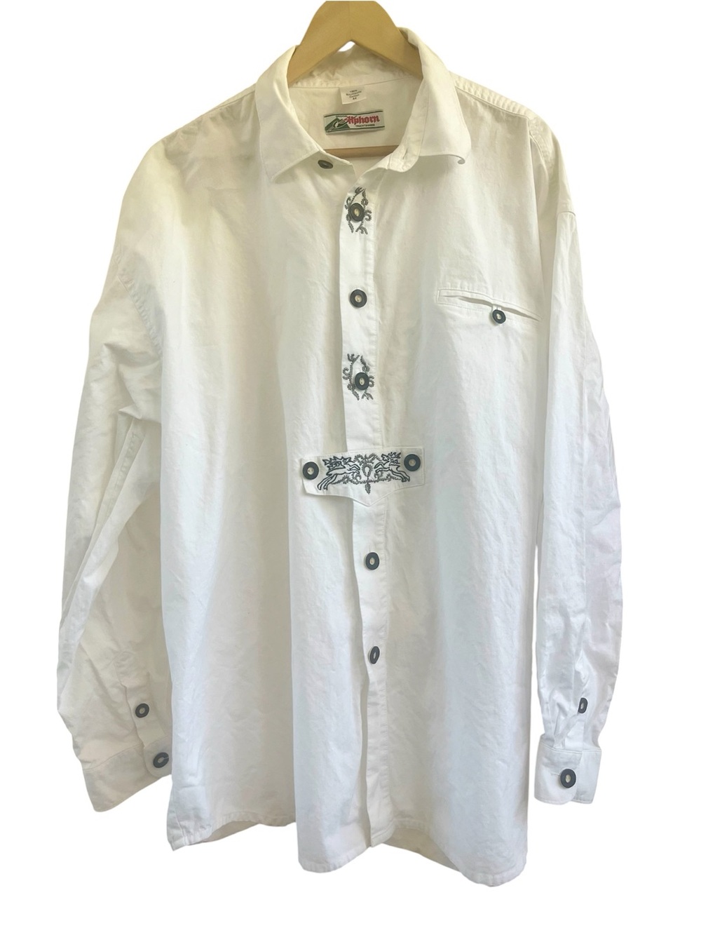 Vintage Alphorn Trachtenmode White Embroidered Bavarian Shirt German Size 44 XL